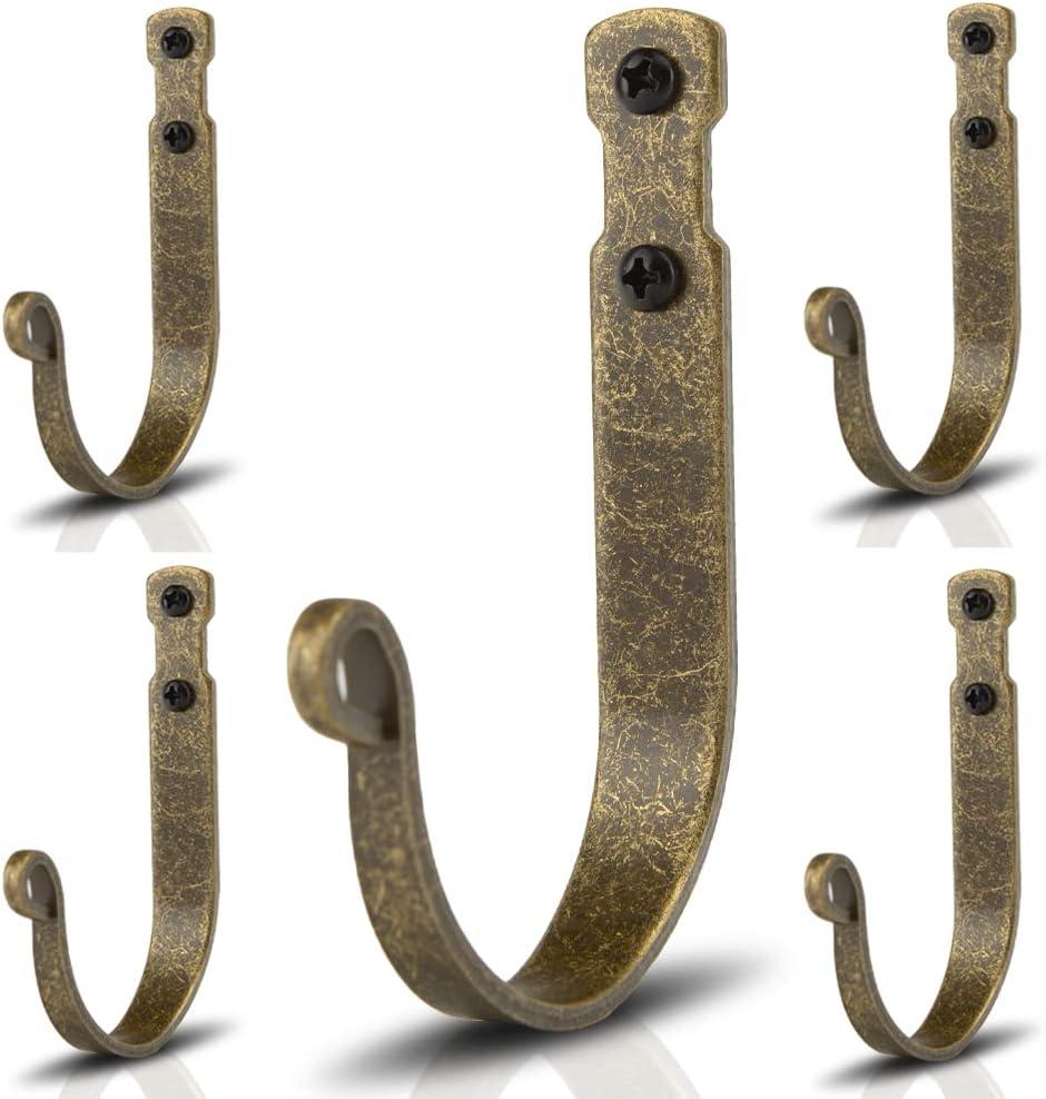 Wrought Iron Wall Mounted Hooks Heavy Duty Garage Storage Organizer Decorative Hanger for Home Garage Bathroom Kitchen Door Office Hanging Coat, Keys, Towel, Tools, Bags, Hat (Bronze) (J Hook Bronze x 5)