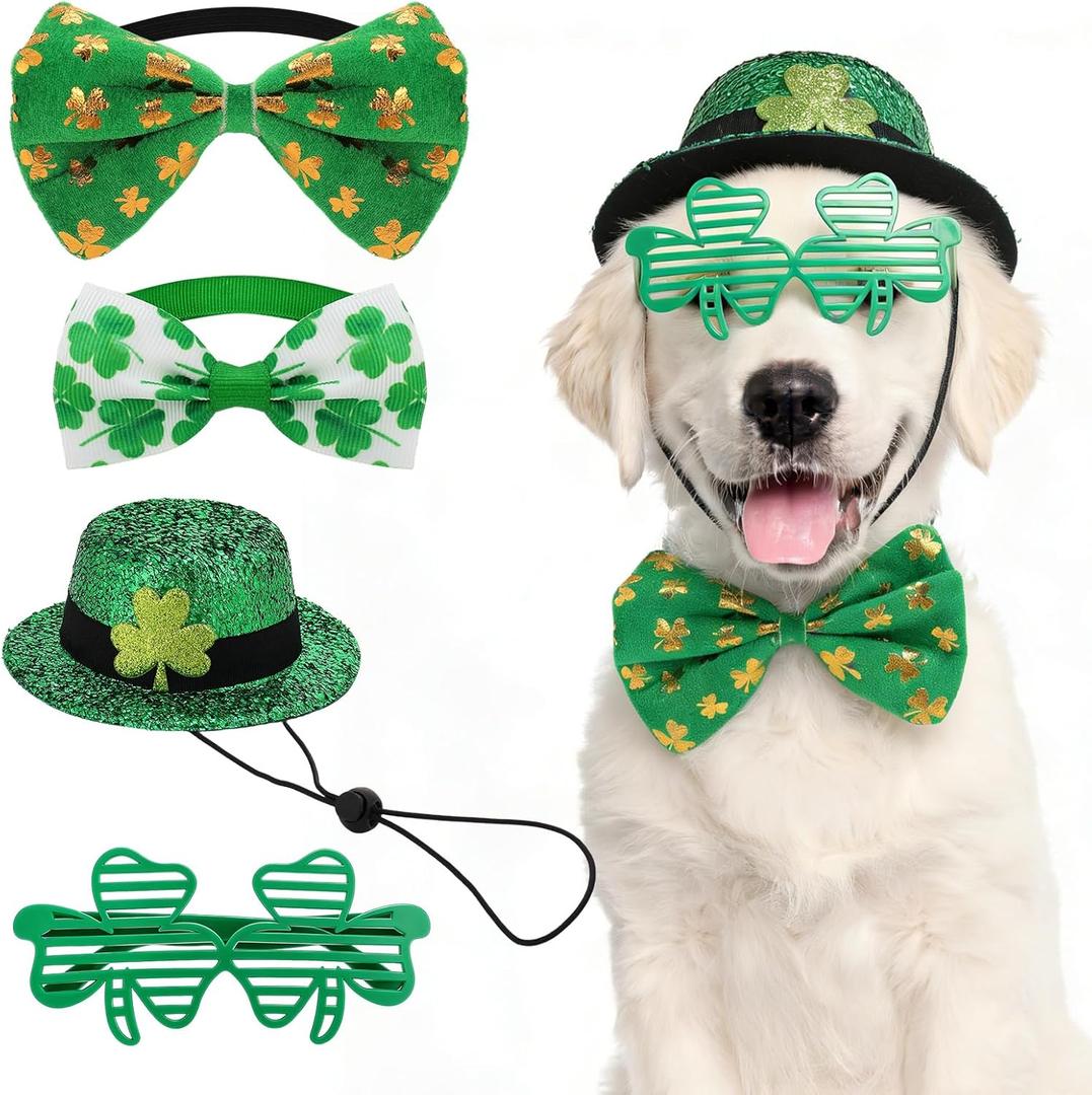 4 Pack St.Patrick's Day Costume, Including Irish Green Dog Clothes Shamrock Tall Hat Bow Glasses Tie Collar for Dog Cat Outfits