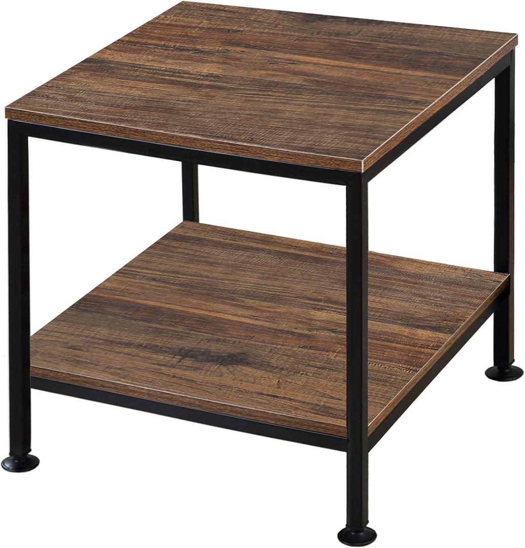 20 Inch 2 Tiers Square End Table with Metal Frame, Rustic Brown Fridge Stand Side Table Sturdy Easy Assembly Industrial Style for Living Room, Bedroom, Vintage Wood
