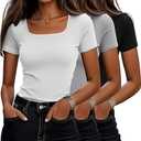Ficerd 3 Pack Women's Cotton Square Neck Shirts, Short Sleeve Slim Fit Tops Summer Scoop Neck Casual Basic T-Shirts Tee