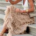MAKEMECHIC Women's Mesh Maxi Skirt Tulle Ruffle Layered High Waist Flowy Fairy Skirts (Beige)