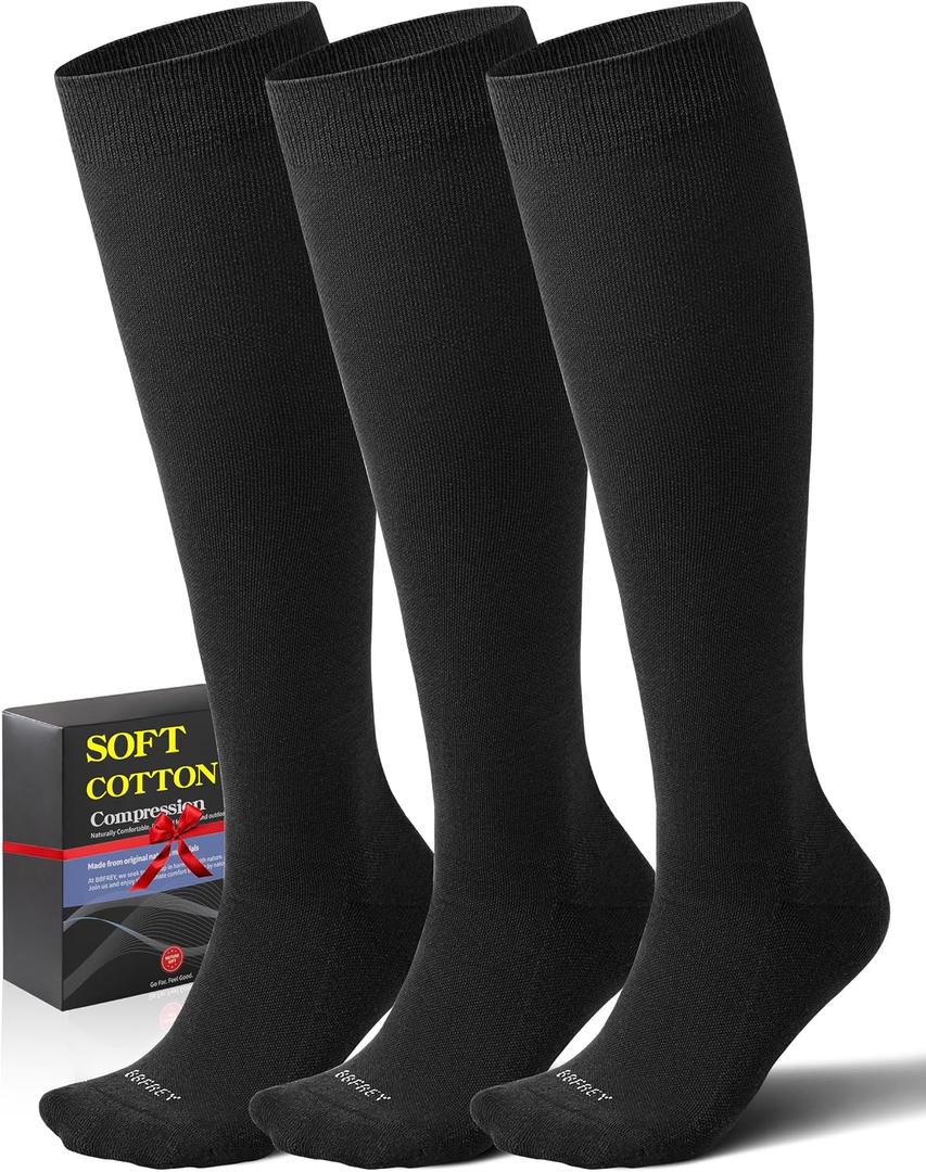 Cotton Compression Socks for Women Men 20-30 mmHg - Knee High Support Socks with Thick Sole and Seamless Toe, Medium-Large, 3 Pairs - Black