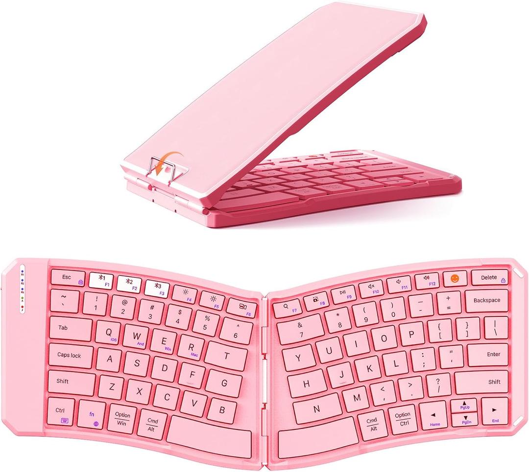 MEETION New Ergonomic Bluetooth Foldable Keyboard, Split Compact Portable Wireless Keyboard for Business Travel, Rechargeable Folding Keyboard for Tablet PC Smartphone iOS Android Windows Mac Pink