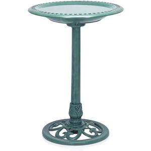 Alpine Corporation TEC116 Outdoor Aged Green Pedestal Birdbath with Scrollwork, 28" Tall, Green