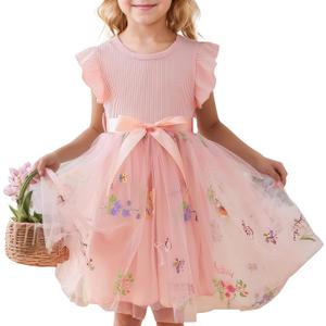 Toddler Girl Summer Dress Tulle Ruffle Sleeveless Baby Girl Fashion Casual Spring Dresses 1-5Y (Pink)