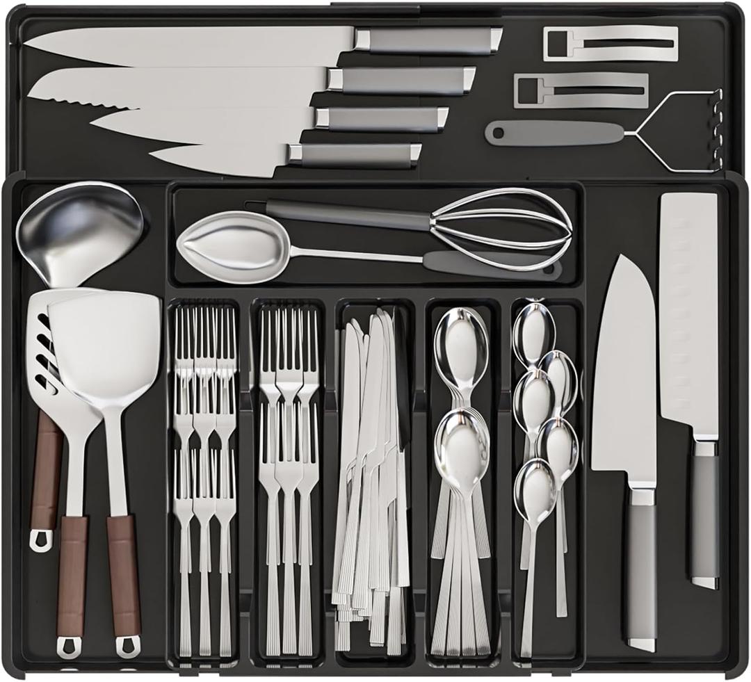 Expandable Silverware Organizers for Kitchen Drawers,Large BPA Free Cutlery Organizer in Drawer,Plastic Utensil Drawer Organizer Suitable as Flatware,Knife,Fork,Spoon,Silverware Holder and Tray,Black