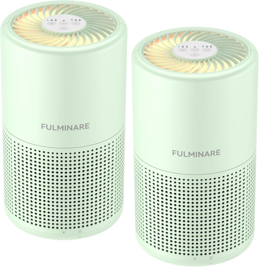 FULMINARE 2 Pack Air Purifiers for Home Bedroom H13 True HEPA Air Purifier, 3 Speeds, Timer, 24dB Quiet Air Cleaner With Night Light, Portable Small Desk Air Purifier for Smoke, Kitchen, Office, Green