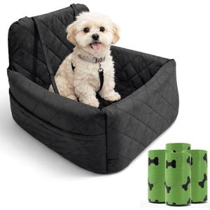 Luxury Small Dog Car Seat & Medium Dogs with 4 Poo Bag Rolls, Booster Seat with Detachable Washable Cover, Travel-Safe with Safety Leash & Storage Pockets, Made with Soft Cotton & Durable