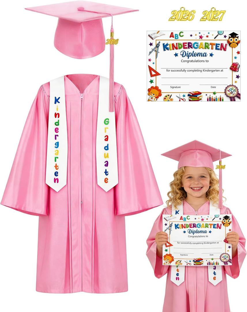 Kindergarten Graduation Cap and Gown 2026 Kids Set Preschool Unisex Grad Attire for Little Ones Tassel Certificate Toddler (Pink) 30"