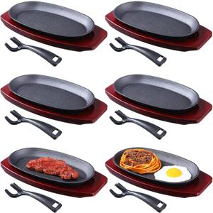 6 Pieces Oval Cast Iron Fajita Skillet Pan Set Small Sizzling Steak Plate with Wooden Base and Handle Cast Iron Fajita Skillet Sizzling Plate for Home Restaurant Barbecue Wedding Valentine's Day (9.5 in X 5.5 in)