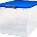 HOMZ 2-Pack Secure Latch, Clear Plastic Storage Organizer Bins, 64 Quart, Blue Lid - Stackable Container Boxes for Bedroom, Bathroom, Garage, and Office Organization