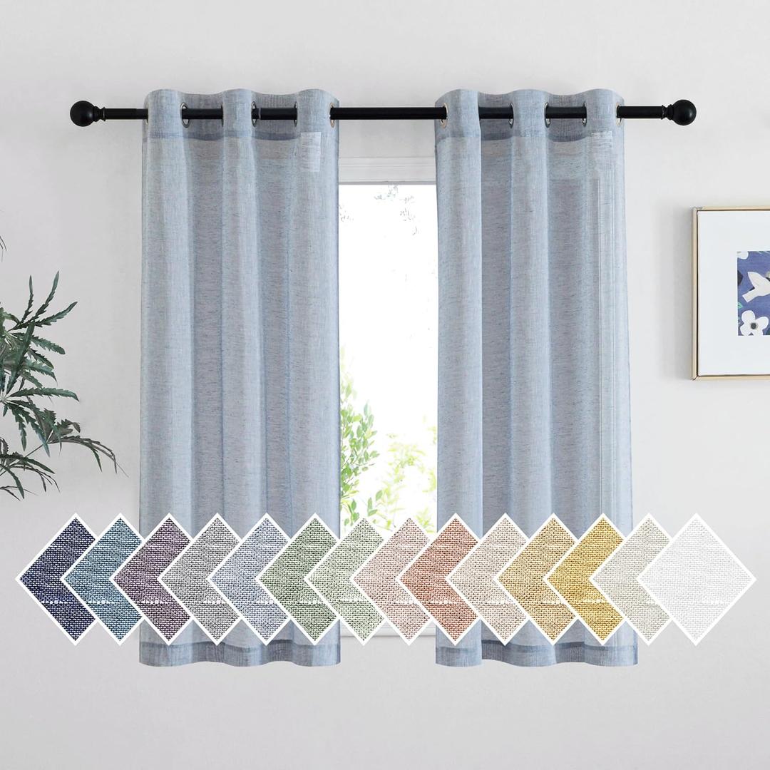 NICETOWN Linen Sheer Kitchen Short Curtains 48 inch Length 2 Panels, Grommet Semi Sheer Small Window Treatments Privacy with Light Filtering Drapes for Bedroom, Sea Mist, W36 x L48, 2 Panels