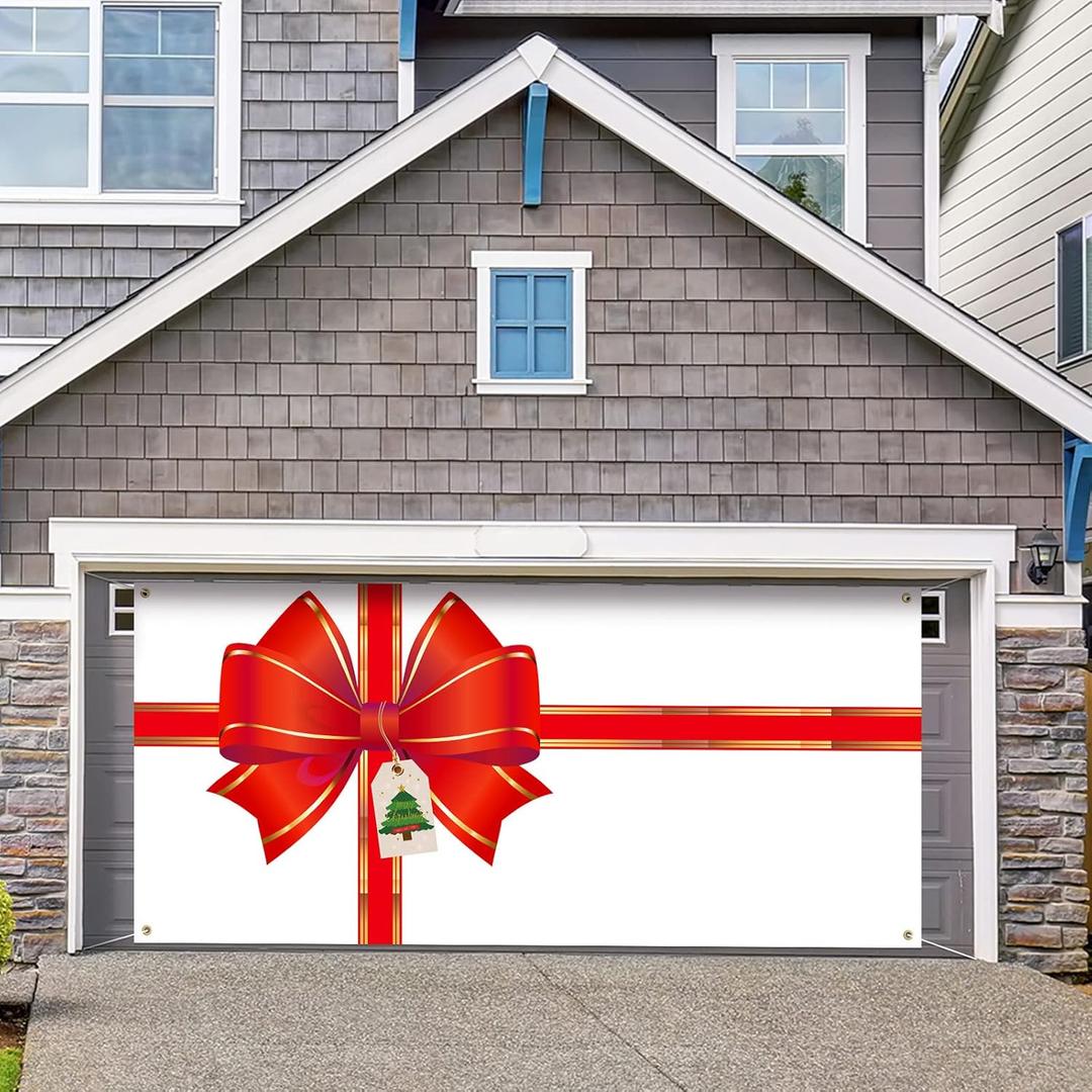 Oudain Christmas Holiday Garage Door Banner Cover Christmas Background Wall Decoration Bowknot New Year Banner Large Door Cover Big Gift Box Bow Photo Backdrop for Indoor Outdoor