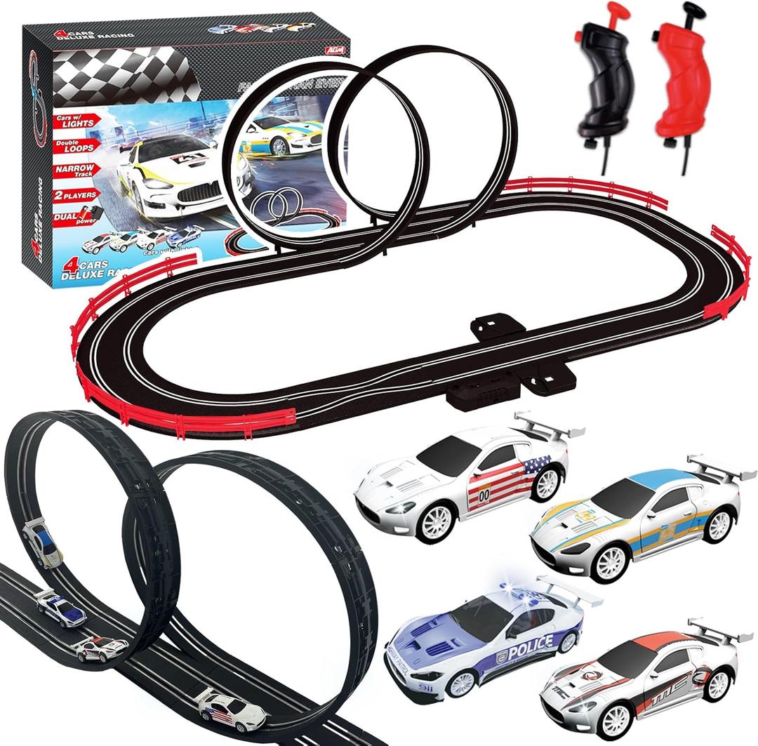 AGM MASETCH Slot Car Racing Track Set with 4 Unique Slot Cars, Battery Powered or Electric Car Track, Gift Toys for Boys Girls 8+ Years Old, MR-02