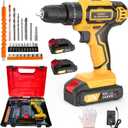 Cordless Drill with Battery and Charger, 20V Electric Power Drill with 3/8" Keyless Chuck, 25+3 Torque Settings & Impact Mode for Drilling, Screwdriving, and Home Improvement(2 Batteries) (Yellow)