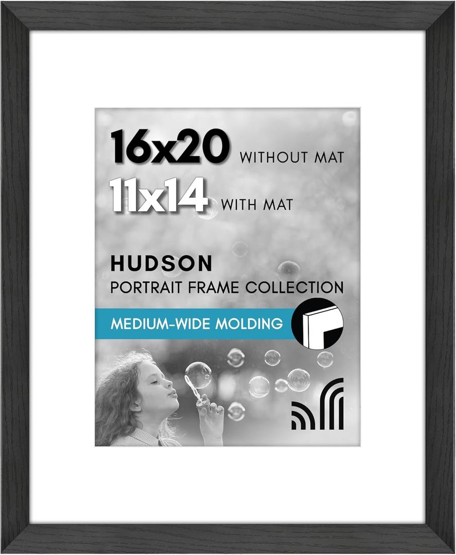 Americanflat 16x20 Picture Frame with Polished Plexiglass - Use as 11x14 Frame with Mat or Display 16x20 Photo Without Mat - Hudson Collection - Wide Picture Frames for Wall Display - Black