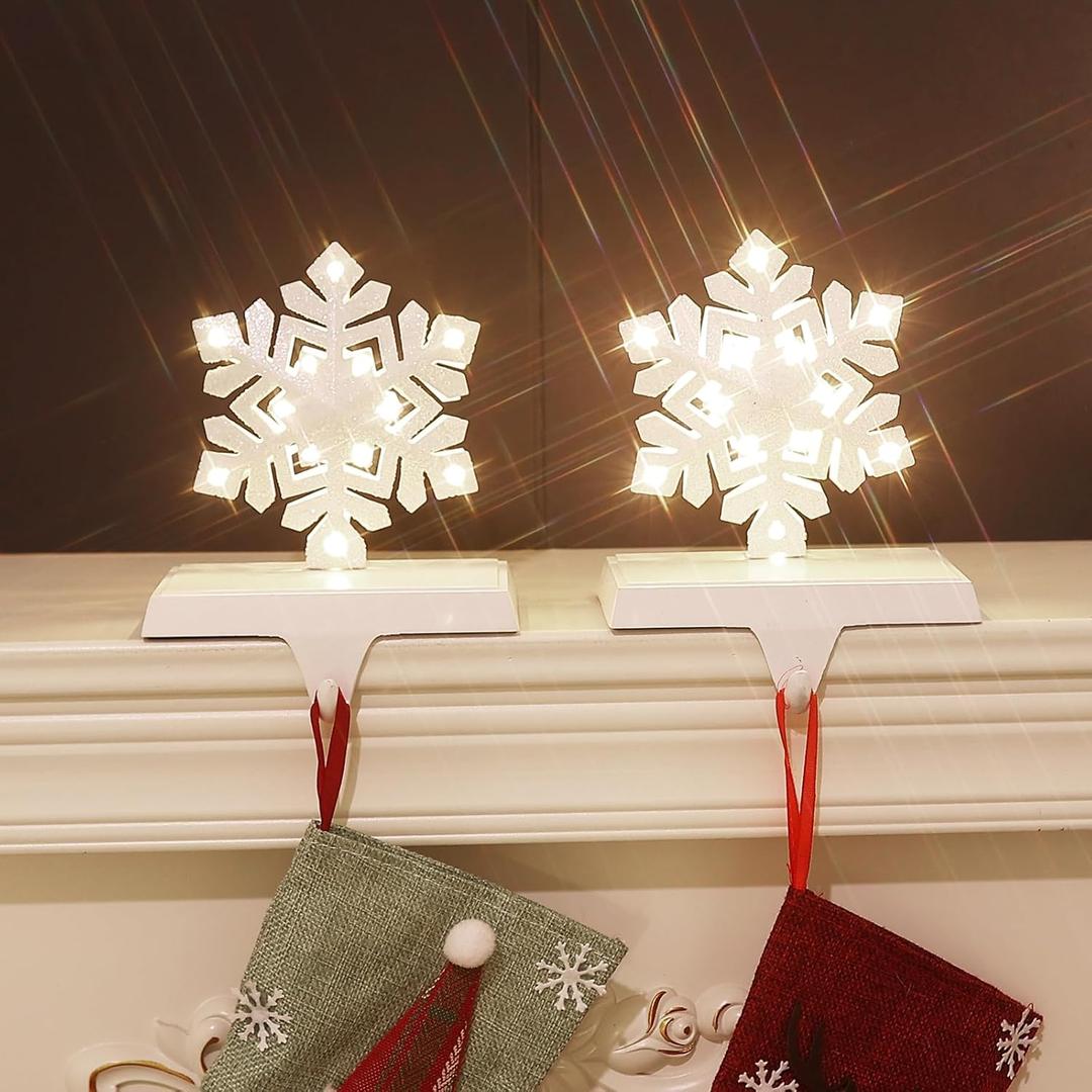 2 pcs Lighted Snowflake Christmas Stocking Holders for Mantel - LED Snowflake Stocking Holder Set - Christmas Stocking Hangers for Mantel - Metal Fireplace Hooks for Christmas Decorations