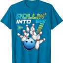Rollin Into 7 Retro Bowling Birthday Party 7th Birthday T-Shirt, Small
