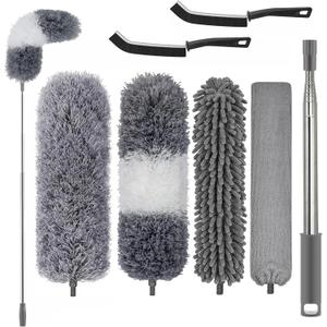 Professional Microfibre Dusters for Cleaning | Duster with Extension 100" | Cobweb Remover Duster Kit with 4 Washable Heads | Bendable Feather Duster for High Ceilings,Fans & Hard-to-Reach Areas,7PCS