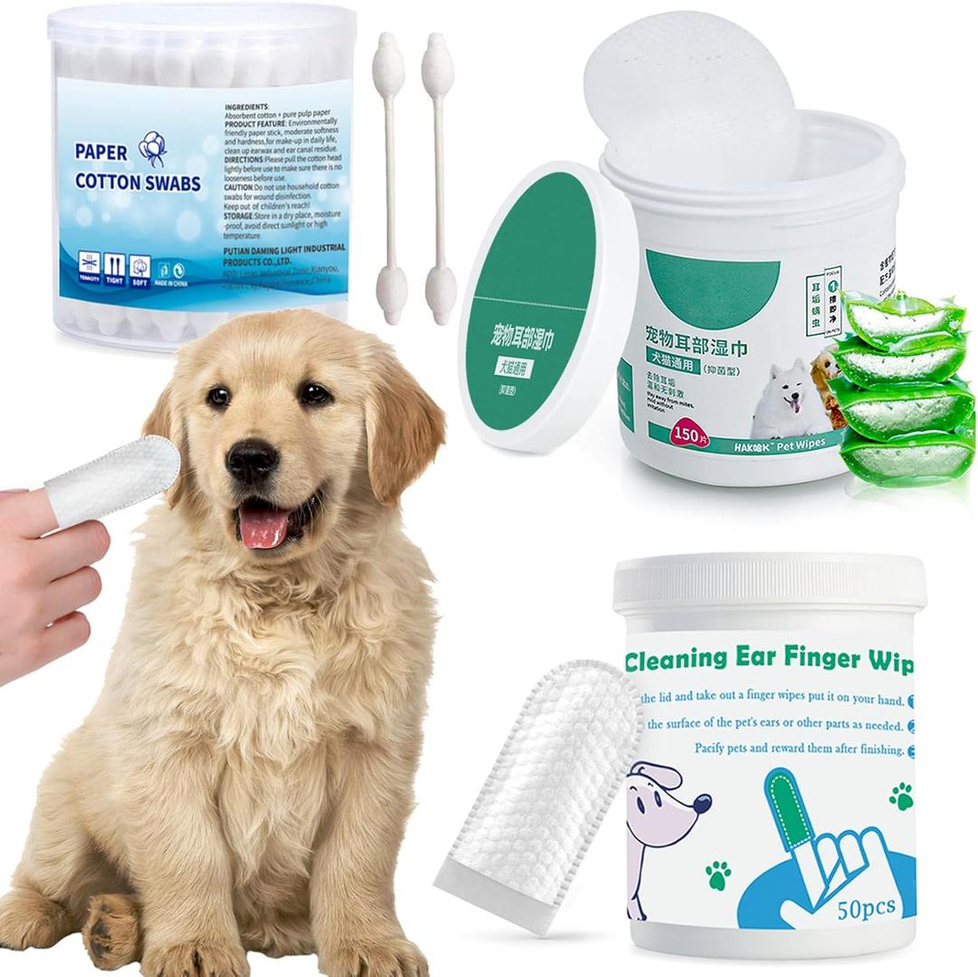 Pet Ear Wipes Kit Cat and Dog Ear Cleaner Wipes Multipurpose Grooming 50Pcs Finger Wipes+150Pcs Cleansing Pads+56Pcs Gourd Shaped Cotton Swabs Odor Control Reduce Dirt and Itch Relief