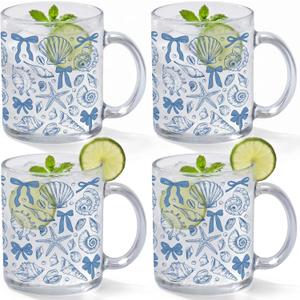 Tioncy 4 Pcs Summer Ocean Coffee Mugs 12 oz Blue Bow Seashell Glass Cups with Handle Costal Beach Coffee Mugs Marine Sea Gifts Drinking Containers for Bachelorette Holiday Party