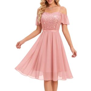 MUADRESS Women's Bridesmaid Wedding Guest Dress 2026 Sparkly Lace Cocktail Prom Party Dresses for Teens Spaghetti Strap (Pink, XXL)