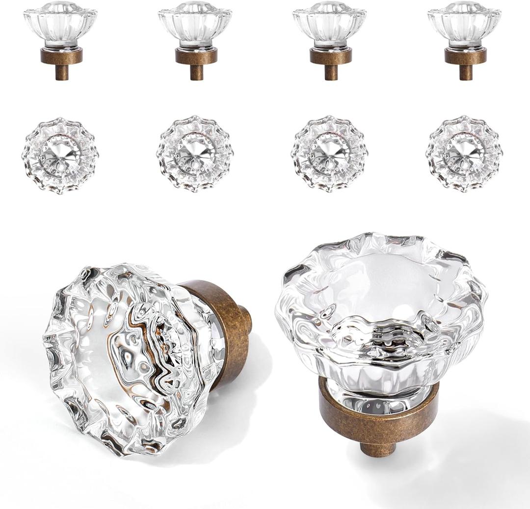 Vintage Cabinet Knobs Crystal Cabinets Knob 8 Pack, Antique Brass Bronze Small Pull, Clear Crystal Closet Dresser Drawers Cupboard Wardrobe Old Fashioned Handle, Retro Pulls Two Installation Methods