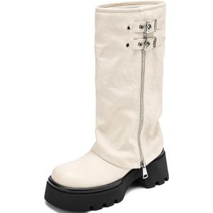 Knee High Boots Women Chunky Platform Moto Riding Boots Slouchy Fold Over Wide Calf Motorcycle Biker Boots for Women with Fashion Buckle (7, White)