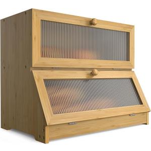 LOHASOK Bread Box for Kitchen Countertop: Bamboo Bread Storage Container for Homemade Bread, 2 Layer Breadbox, Large Bread Keeper Holder, Wood Color