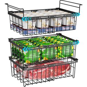 iSPECLE Deep Freezer Organizer Bins - 3 Pack Large Freezer organizer Bins, Hanging Basket Expands to 22.6" (L), Stackable Bins Expand to 17.1"(L), Fit 10 to 20 Cu.FT, 1 Hanging & 2 Stacking, Black