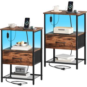 Somdot Nightstand Set of 2 with Charging Station and LED Light for Bedroom, Bedside Table End Table for Dorm Guest Room Bedside Kids Laundry Closet Entryway Hallway, Wood Grain Print