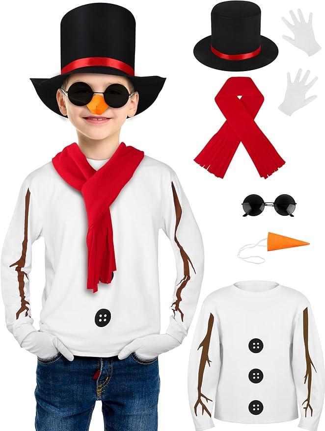 SOMSOC 8 Pack Snowman Costume kids Winter Frosty Costume Set with Hat Carrot Nose Glasses Scarf Gloves for Cosplay, Size 11-12 Years