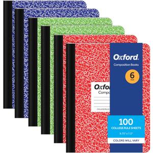 Oxford Composition Notebook 6 Pack, College Ruled Paper, 9-3/4 x 7-1/2 Inches, 100 Sheets, Assorted Marble Covers. 2 Each: Blue, Green, Red (63763)