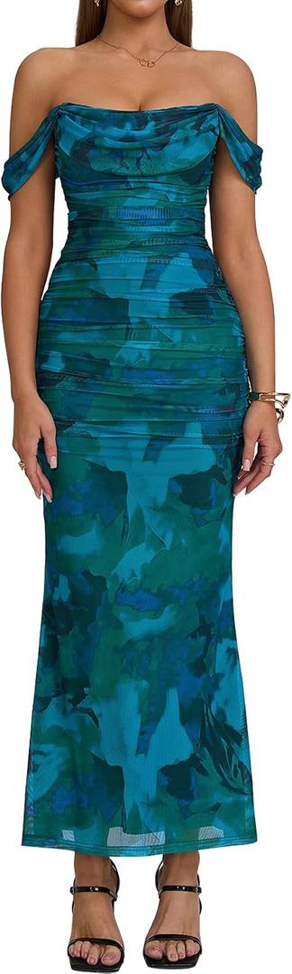 KUTUMAI Off The Shoulder Maxi Long Dress Corset Ruched Bodycon Cocktail Formal Wedding Guest Dresses for Women (Blue). L Size