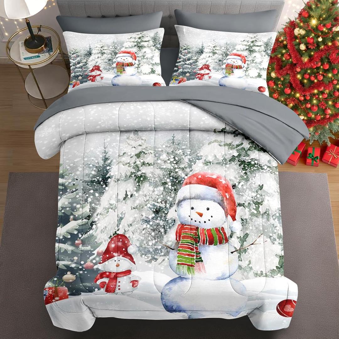 7 Pcs Full Size Christmas Comforter Set with 2 Pillowcases & 2 Shams, Rustic Snow Pine Forest Bedding for Kids and Adults, Cute Snowman Bed in a Bag with Flat Fitted Sheet