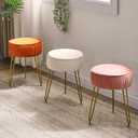 IBUYKE Velvet Round Footrest Stool Ottoman, Makeup Vanity Stool Side Table, Velvet Dressing Table Seat, Pouf Couch Stool, Golden Steel Legs, Creamy-White LG-30M