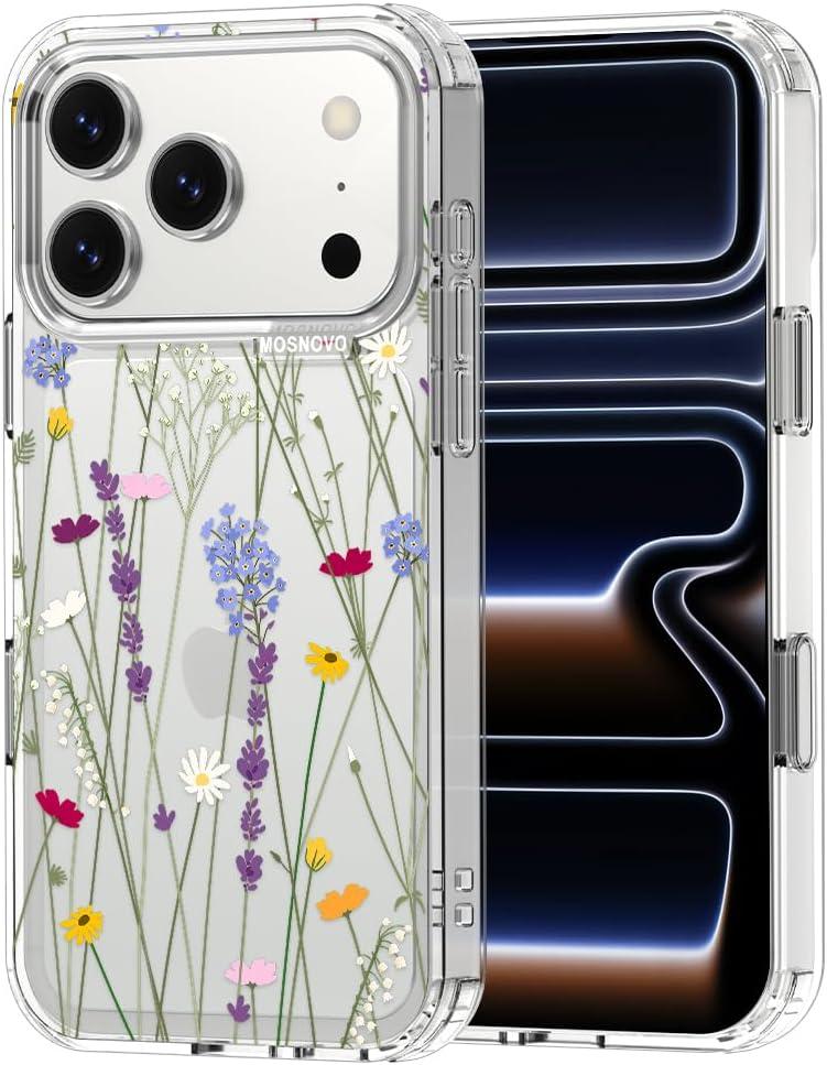 MOSNOVO for iPhone 17 Pro Case | Military Grade 6.6ft Drop Tested | Camera Control | Clear with Floral Garden Design