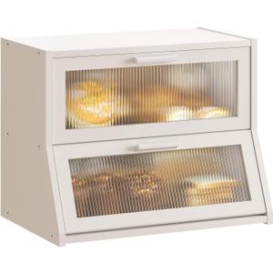 GHWIE Double Layer Bamboo Bread Box for Kitchen Counter,Large Capacity Bread Storage Bin,Bread Container with Acrylic Wavy Door Panel (White, Medium)