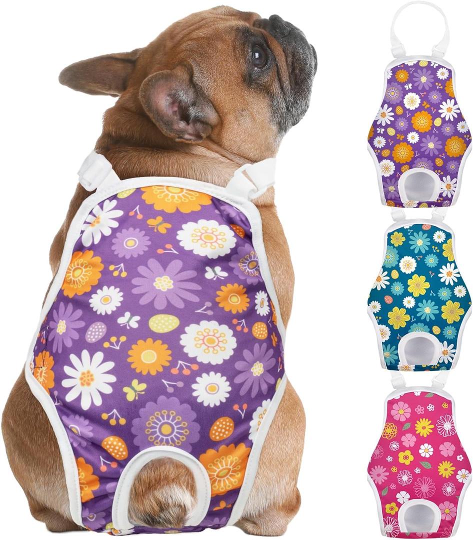Jollywoods 3 Pack Washable Female Dog Diaper Onesie Sanitary Pantie with Adjustable Suspender, Reusable Fixed Doggie Diapers, Super Absorbent Leakproof for Small Medium Large Dog in Heat Cycle XL
