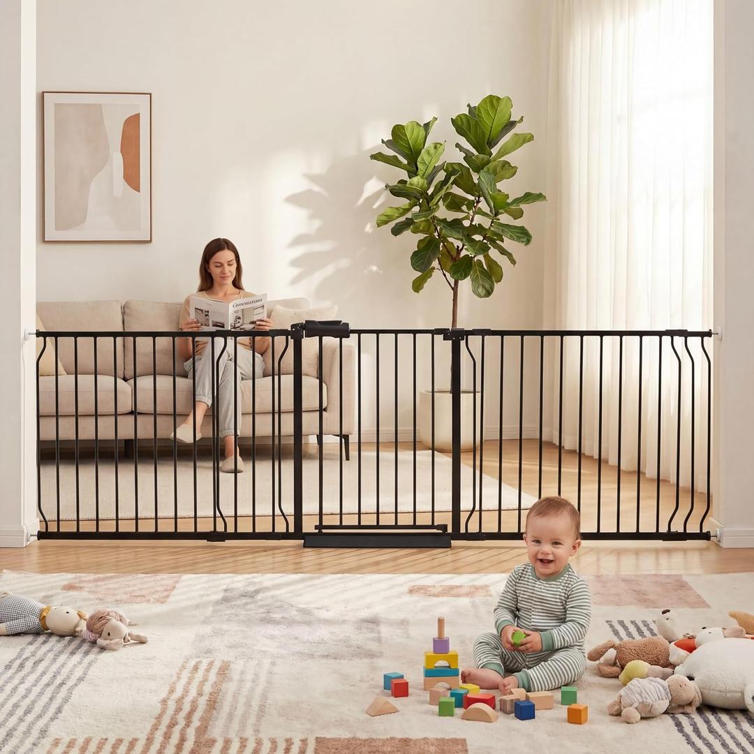 Extra Wide Baby Dog Gates for Doorways Tension Indoor Safety Gates Black Metal Large Pressure Mounted Pet Gate Walk Through Dog Gate for The House Stairs (Black, 86.3"-105"/219-267CM)