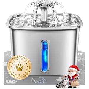Veken Innovation Award Winner Stainless Steel Cat Water Fountain, 95oz/2.8L Automatic Pet Fountain Dog Water Dispenser with Replacement Filters & Silicone Mat, Gifts for Christmas, Cats, Dogs (Silver)