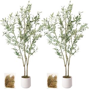 Artificial Fake Olive Tree 5FT Tall 2Pack with White Planter Faux Silk Olive Tree for Home Living Room Office Decor Faux Artificial Plants Indoor with Fruit & Free Moss
