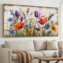 Sorbrozo Floral Wall Art Rustic Wood Background with Tulips Daisies Poppies Colorful Wildflower Canvas Print 24x48in