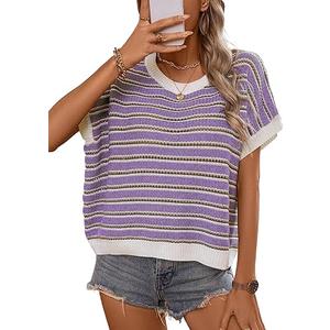 RICHSTORY Womens Tops Trendy Sleeveless Round Neck Sweater Vest Loose Summer Cap Sleeve Tank Tops Lightweight Striped Hollow Out Knit Pullover Sweaters Purple XX-Large