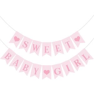 Mindsoft 2 Pcs Pre Strung Pink Gingham Sweet Baby Girl Banner Pink Girl Baby Shower Banner Decorations for Gender Reveal Party Decor Supplies Table Wall Mantel Photo Props