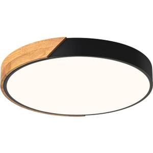 Modern LED Ceiling Light, Minimalist Wood Flush Mount Ceiling Light Fixture, 4000K Not Dimmable, Circle Lighting Lamp with Acrylic Lampshade for Bedroom Dining Room Laundry (Black,15.8")