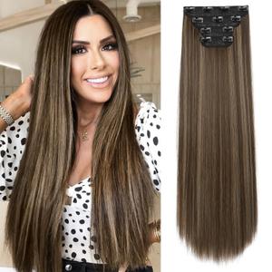 REECHO 20" Straight Long 4 PCS Set Thick Clip in on Hair Extensions Chocolate Brown with Highlights