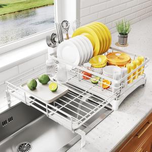 Dish Drying Rack - Extendable Dish Rack, Large Sink Drying Dish Drainer for Kitchen Counter, Stainless Steel Dish Strainer with Utensil Holder (White) Dish Drying Rack - Extendable Dish Rack, Large Sink Drying Dish Drainer for Kitchen Counter, Stainless Steel Dish Strainer with Utensil Holder (White)