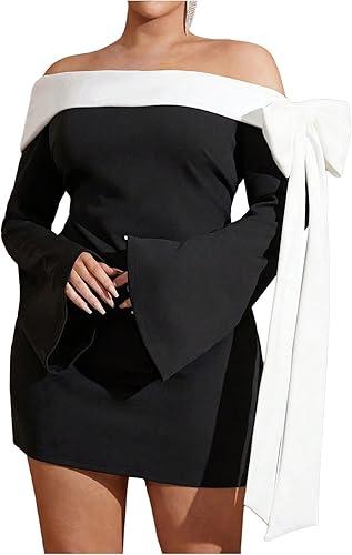 WDIRARA Women's Plus Size Off Shoulder Bowknot Color Block Long Bell Sleeve Bodycon Mini Dress (4X-Large Plus, Black)