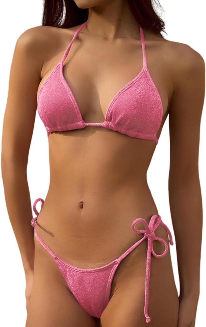 Bikini Sets Women Thongs Cheeky Two Piece Swimsuit Sexy Swimwear Triangle Cute Bathing Suit String (Small, Baby Pink)